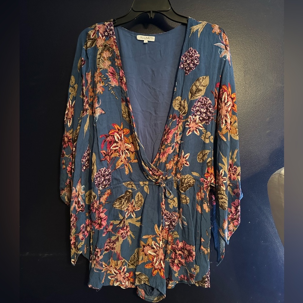 Honey Belle Blue Floral Romper Large Boho Wrap Front Bell Sleeve